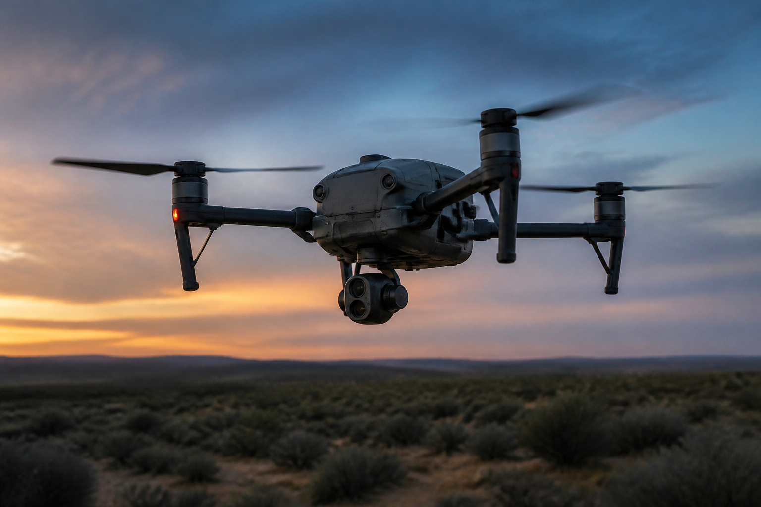 Bastion tactical drone hovering at dusk
